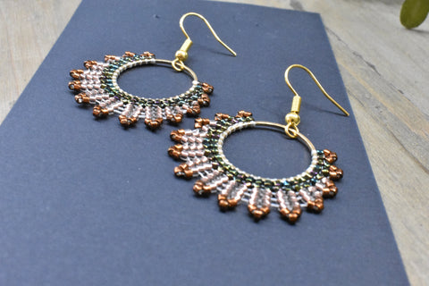 Hand-beaded Herringbone Hoop Earrings in Bronze, Green, and Gold
