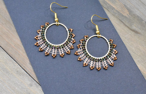 Hand-beaded Herringbone Hoop Earrings in Bronze, Green, and Gold