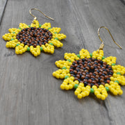 Hand-beaded Sunflower Earrings on 18k Gold