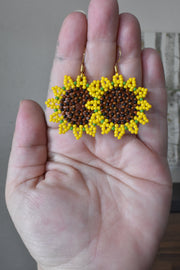 Hand-beaded Sunflower Earrings on 18k Gold