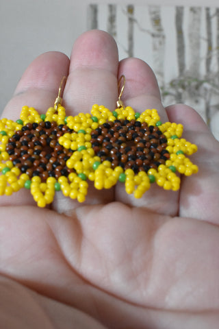 Hand-beaded Sunflower Earrings on 18k Gold