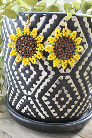 Hand-beaded Sunflower Earrings on 18k Gold