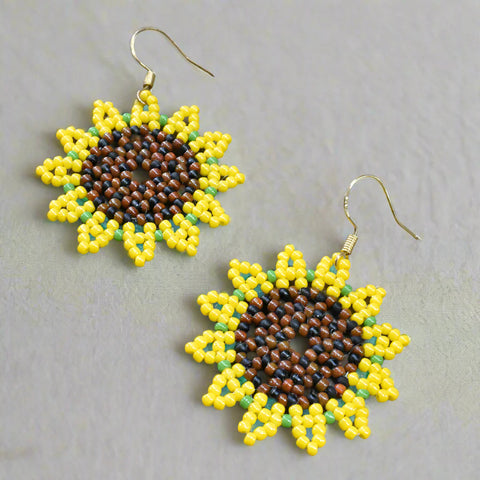 Hand-beaded Sunflower Earrings on 18k Gold