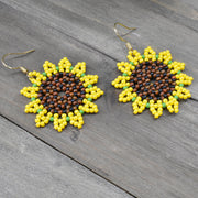 Hand-beaded Sunflower Earrings on 18k Gold