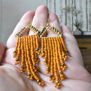 Hand-beaded Crystal Fringe Earrings in Pumpkin