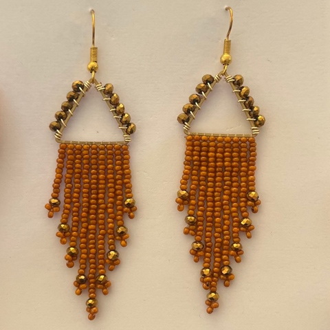 Hand-beaded Crystal Fringe Earrings in Pumpkin