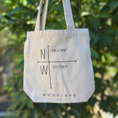 woodland.ca.california.ecofriendly.lunch.bag.map.coordinates.city.tote.bag.ethically,handprinted.do.good.shop