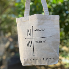 frenchtown.nj.ecofriendly.lunch.bag.map.coordinates.city.tote.bag.ethically,handprinted.do.good.shop