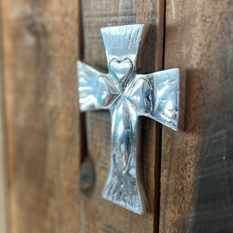 Recycled Aluminum Cross with Hearts