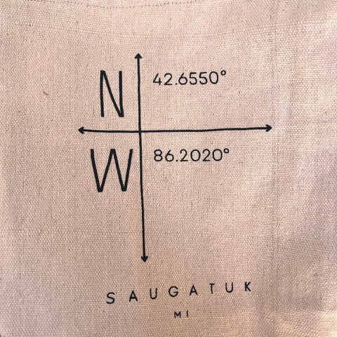SAUGATUK.MI.Michigan..map.coordinates.city.tote.bag.ethically,handprinted.do.good.shop