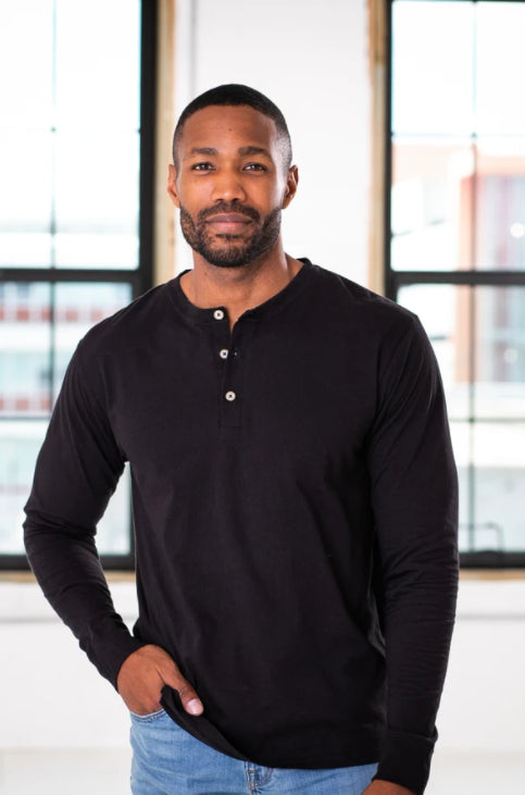 Black Cotton Henley Long Sleeve Shirt – do good shop